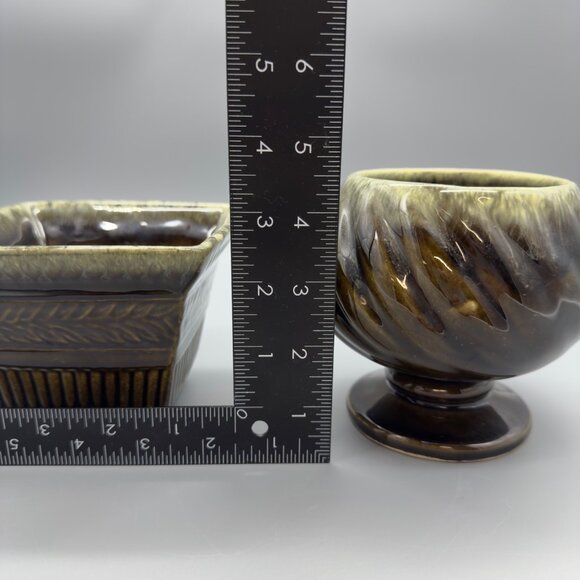 Vintage Hull Pottery USA Set of 2 Brown Green Drip Glaze Ceramic Planters MCM - Picture 10 of 16